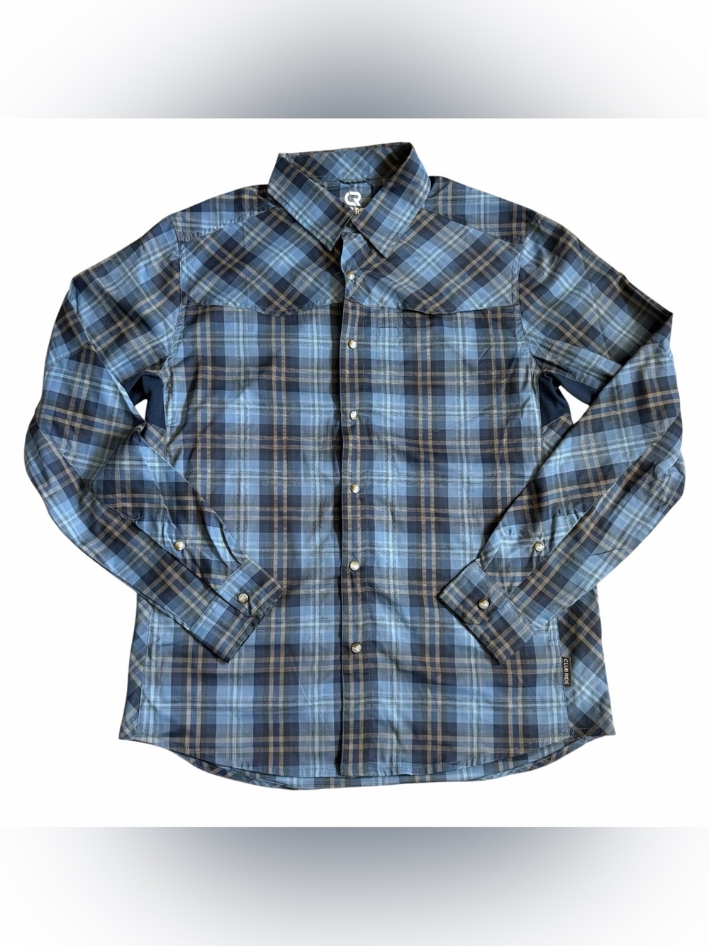 Club Ride Men’s Go Long L/S Shirt Pearl Snap Sz M Blue Plaid Vented Western EUC